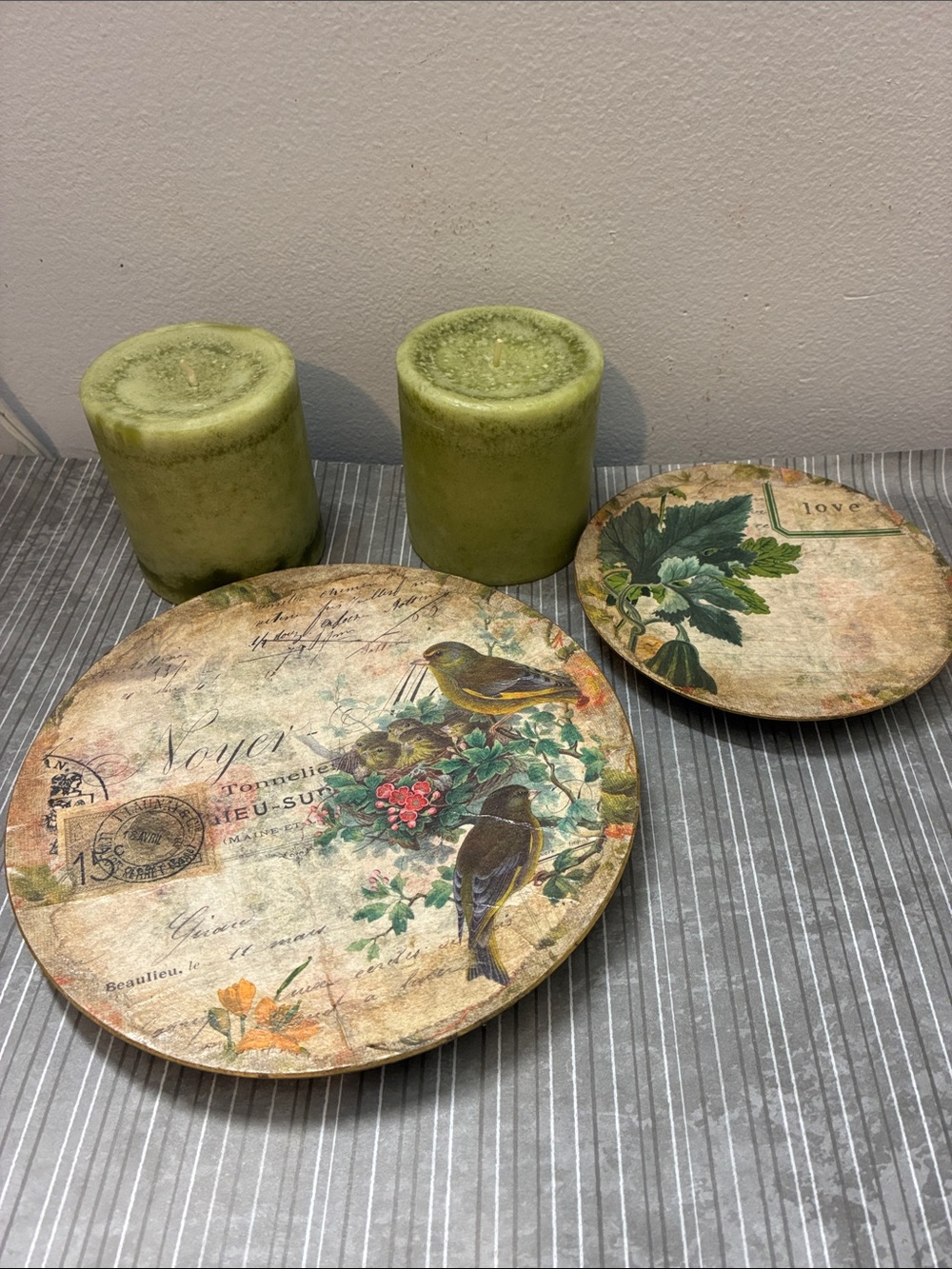 Vintage Botanical Bird Decorative Trivet Set - Green Accents